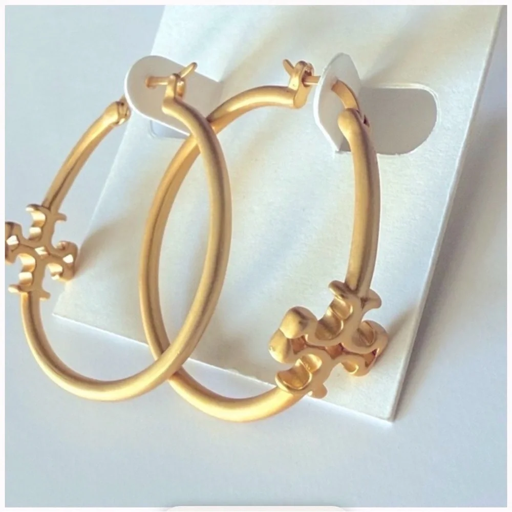 Tory Burch Kira Matte Gold Hoop Earrings - Picture 2 of 4